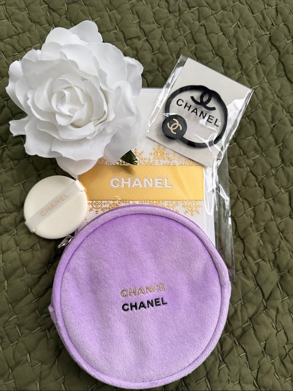 CHANEL Chance Lavender Velvet Round Pouch with Gold Logo (GWP) 5 items Total